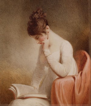 Painting of Regency-era woman reading a book.