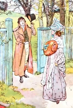 Illustration of Darcy presenting his letter to Elizabeth 