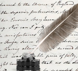 Manuscript page from The History of England and quill